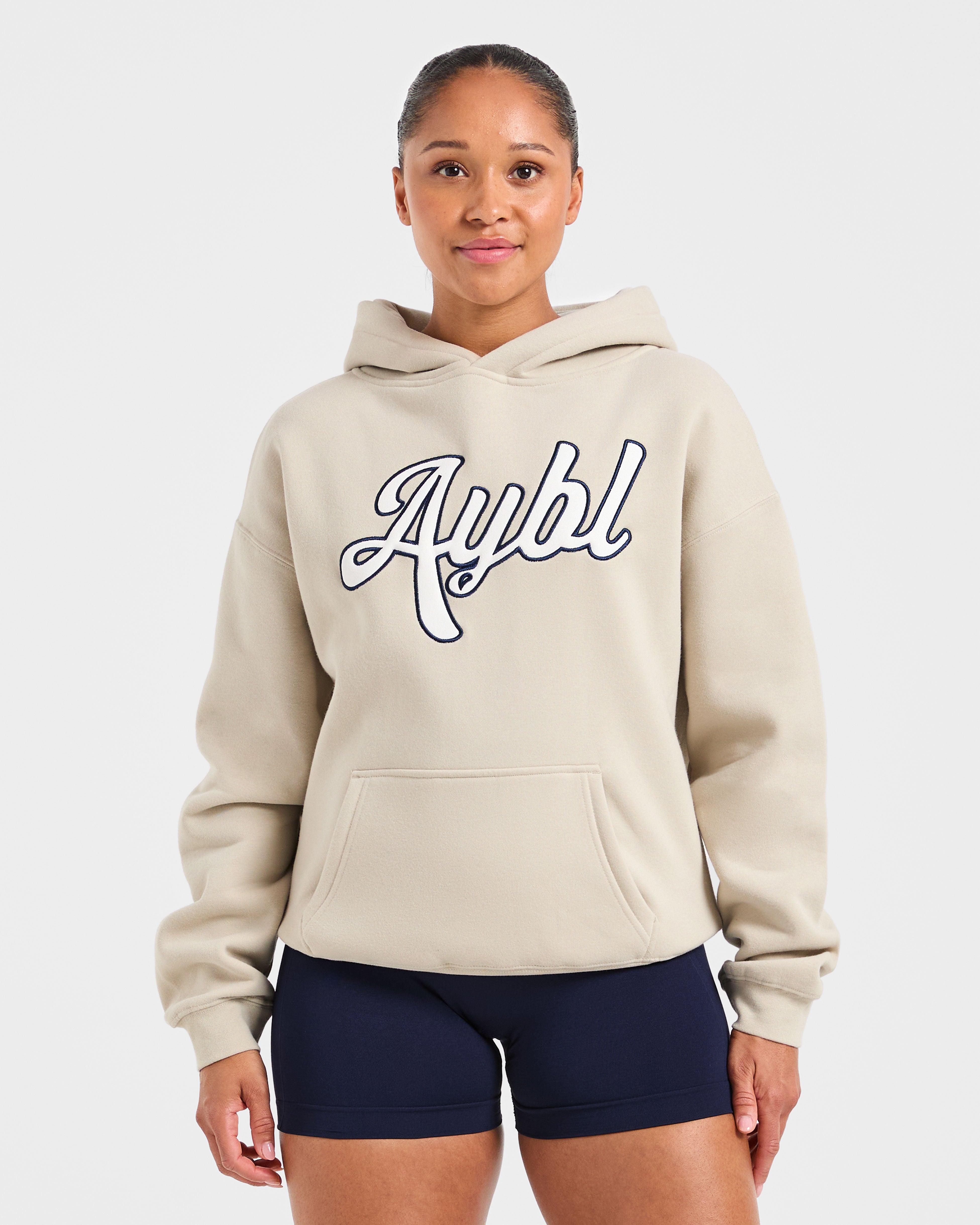 Felpa Oversized con Ricamo di Testo - Sabbia/Azzurro Scuro