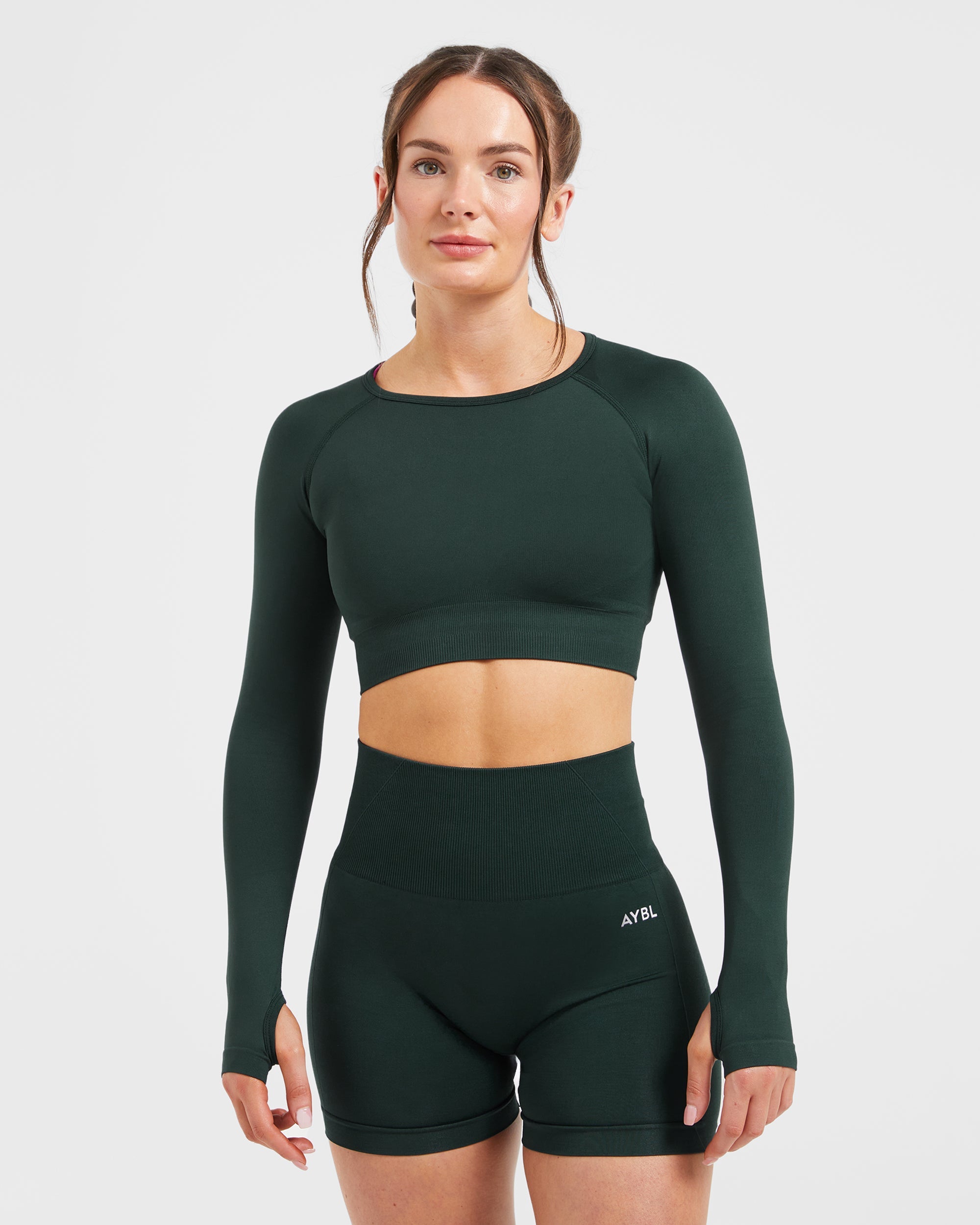 Empower Top Crop Manica Lunga Senza Cuciture - Verde Scuro