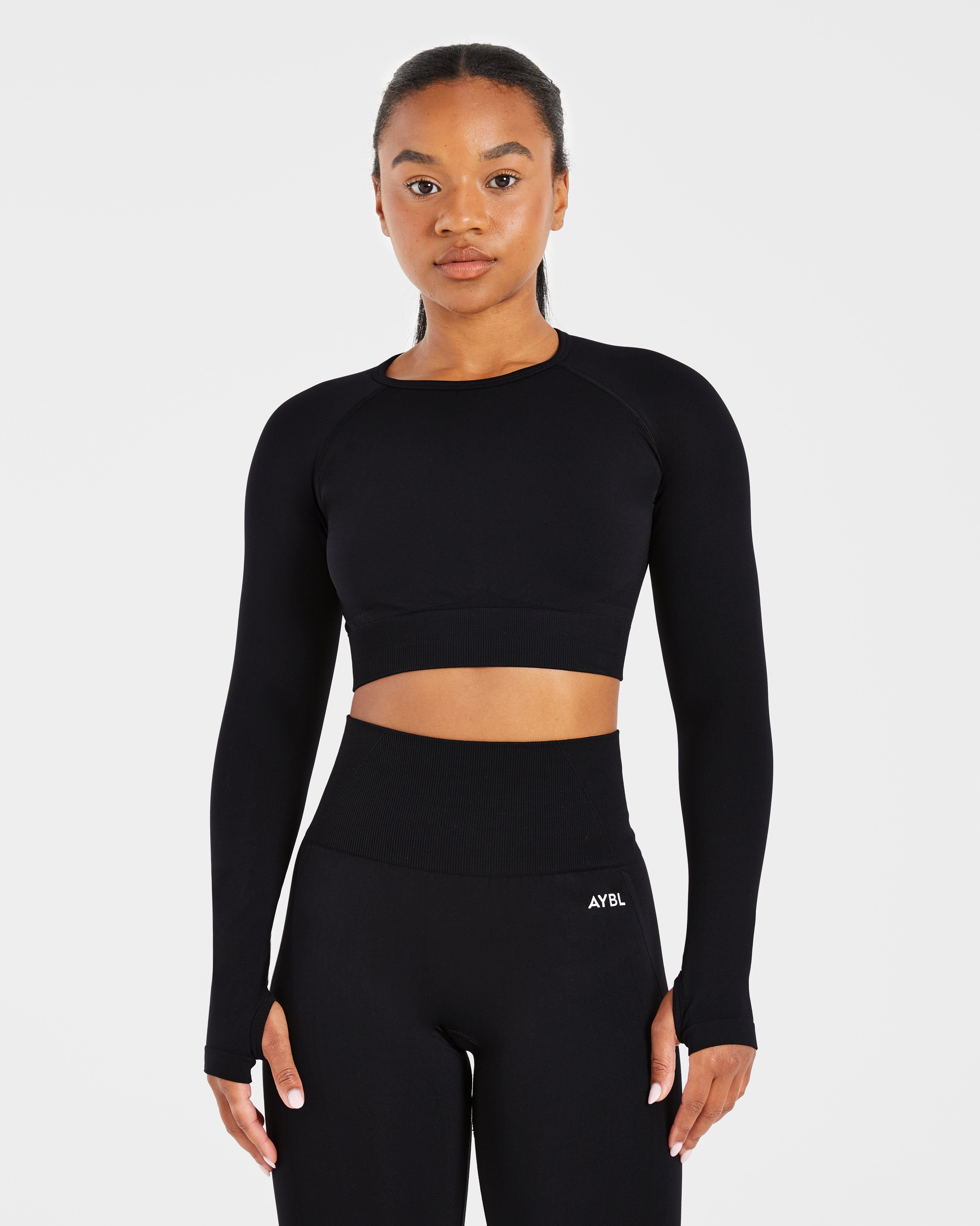 Top Crop Senza Cuciture con Maniche Lunghe Empower - Nero