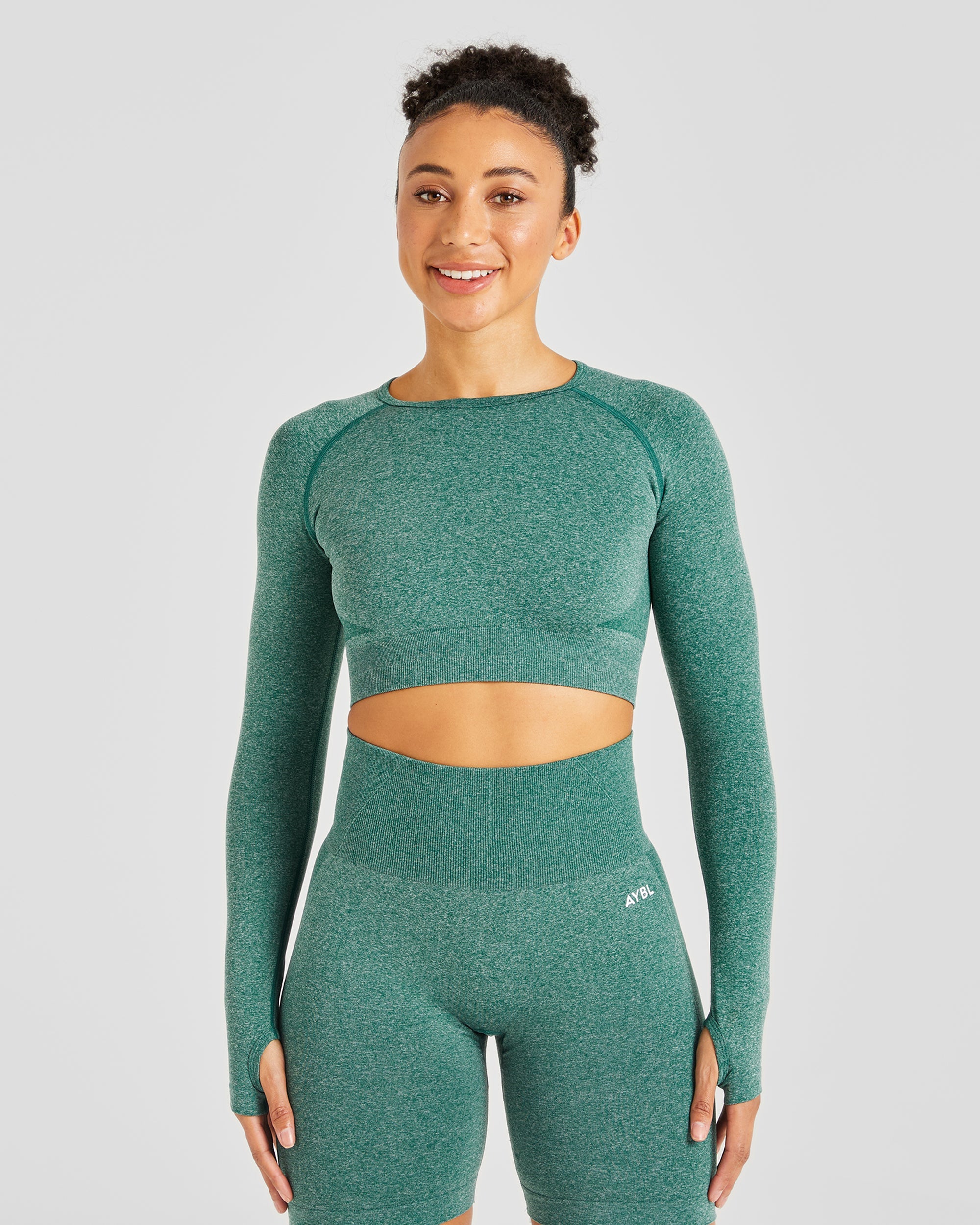 Empower Top Crop Senza Cuciture Manica Lunga - Verde Bosco Marl