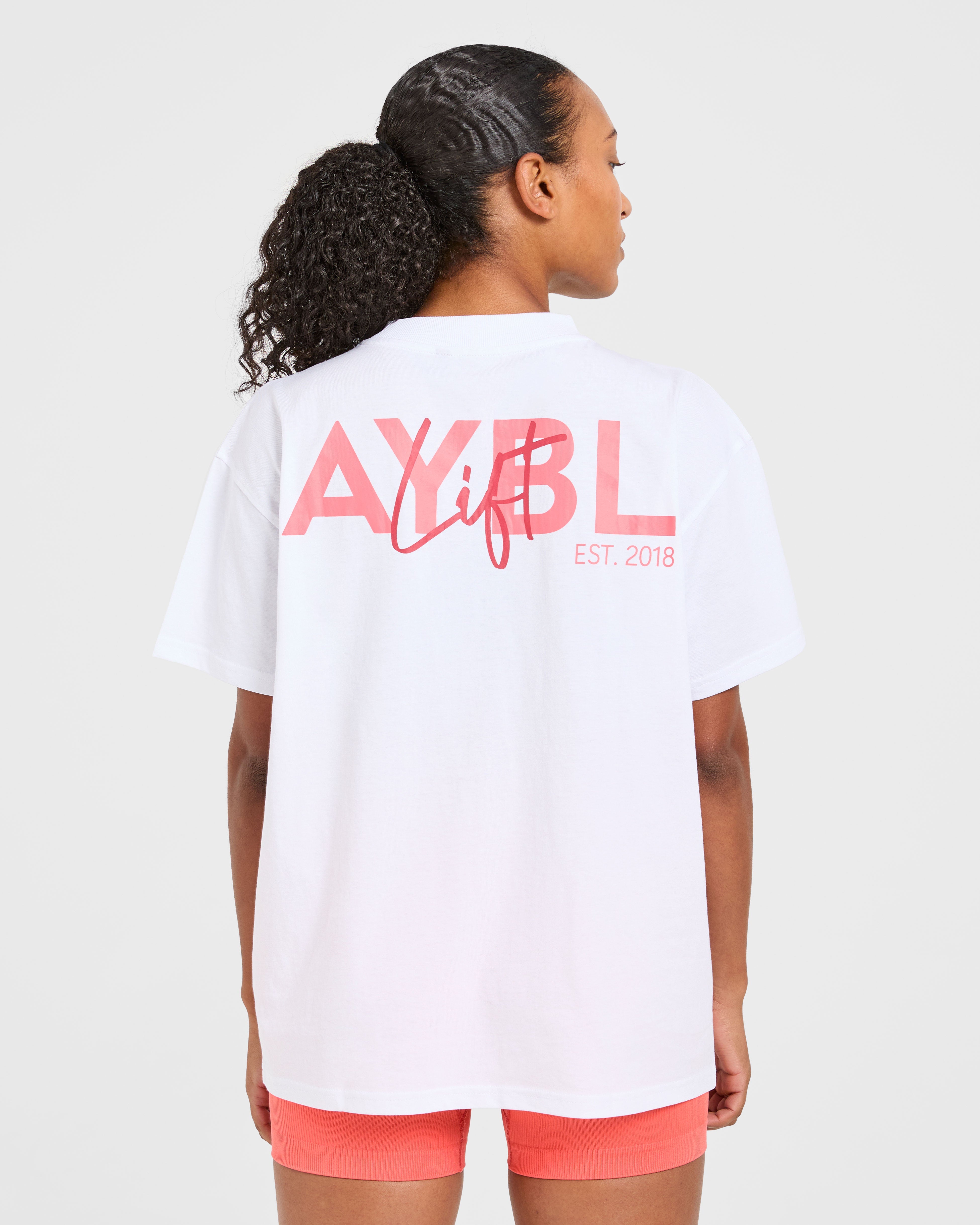T-shirt Oversized con Stampa Lift - Bianco/Corallo Pesca