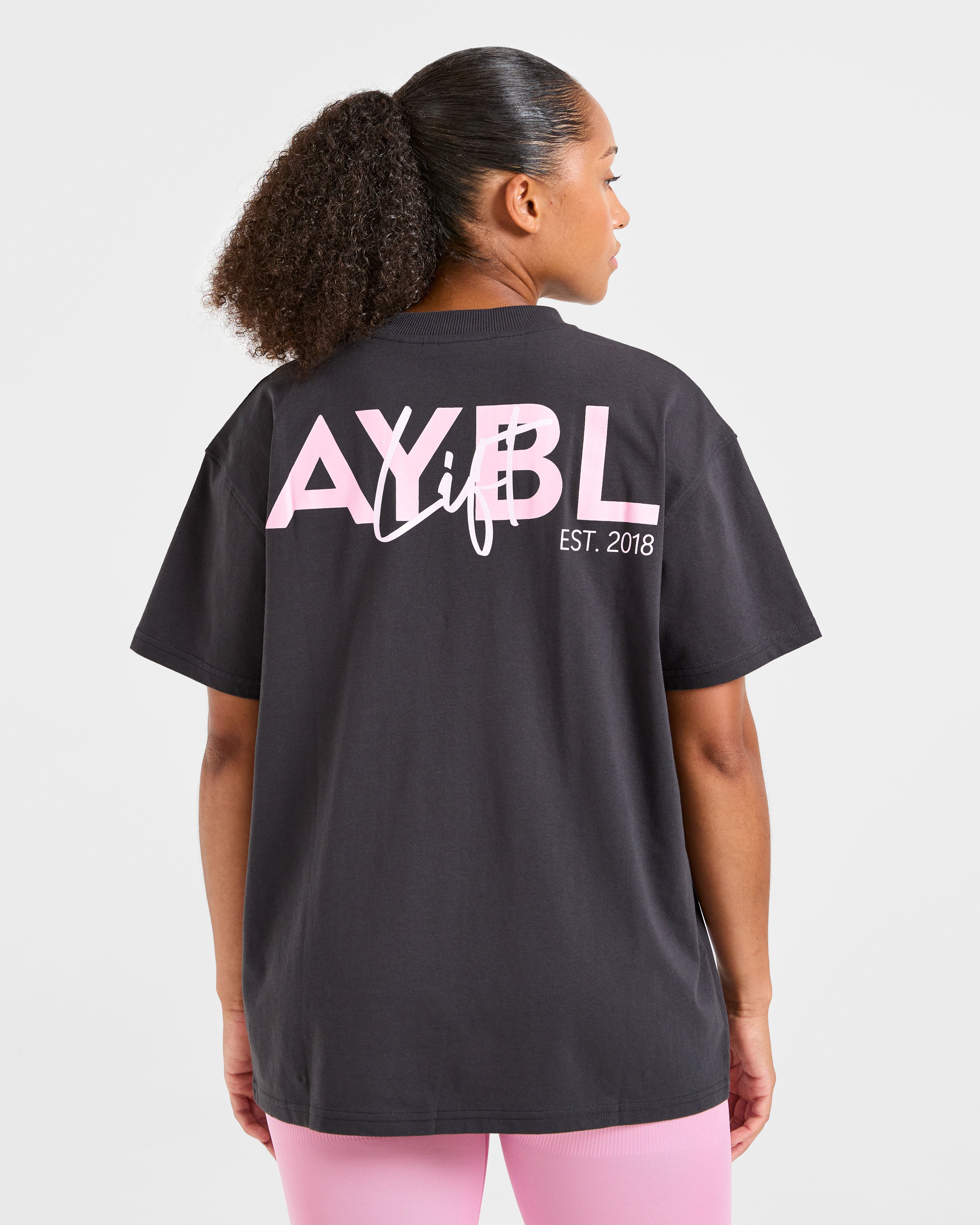 T-shirt Oversized con Stampa Graphic - Grigio Scuro/Rosa