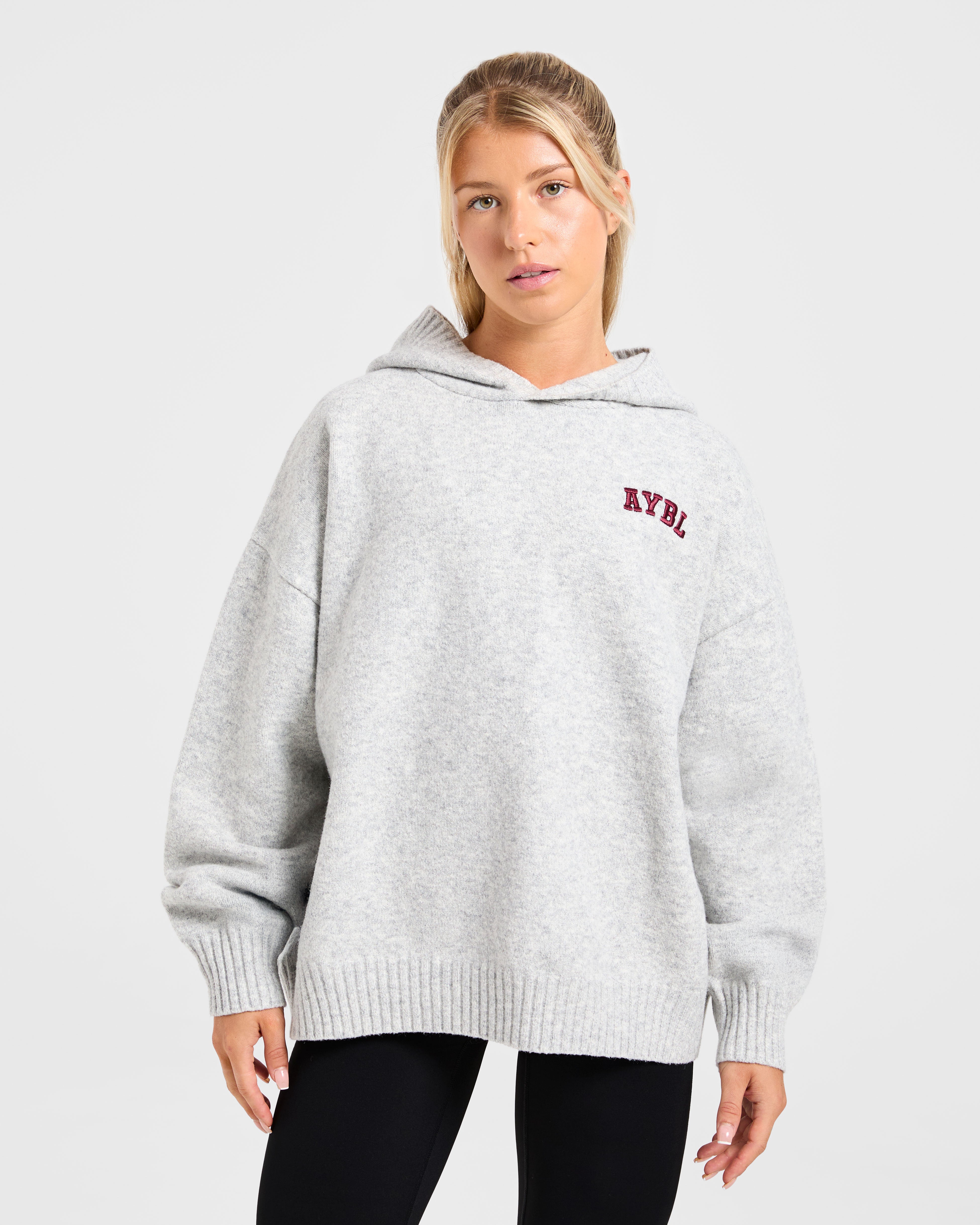 Giacca con Cappuccio Oversized a Maglia con Logo Minimal Varsity - Grigio Marl/Bordeaux