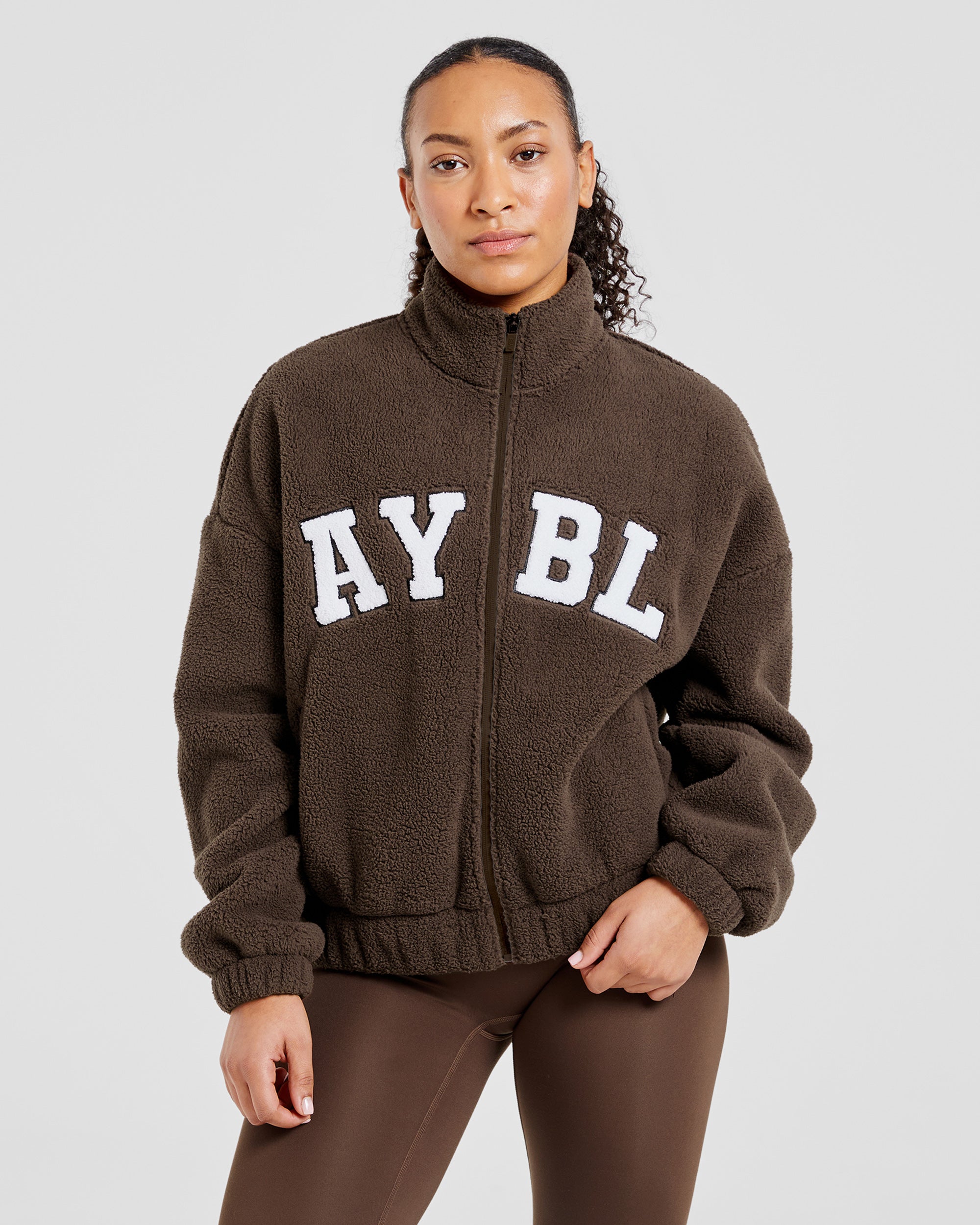 Giubbotto in Felpa Oversized con Cerniera Varsity - Marrone Cioccolato