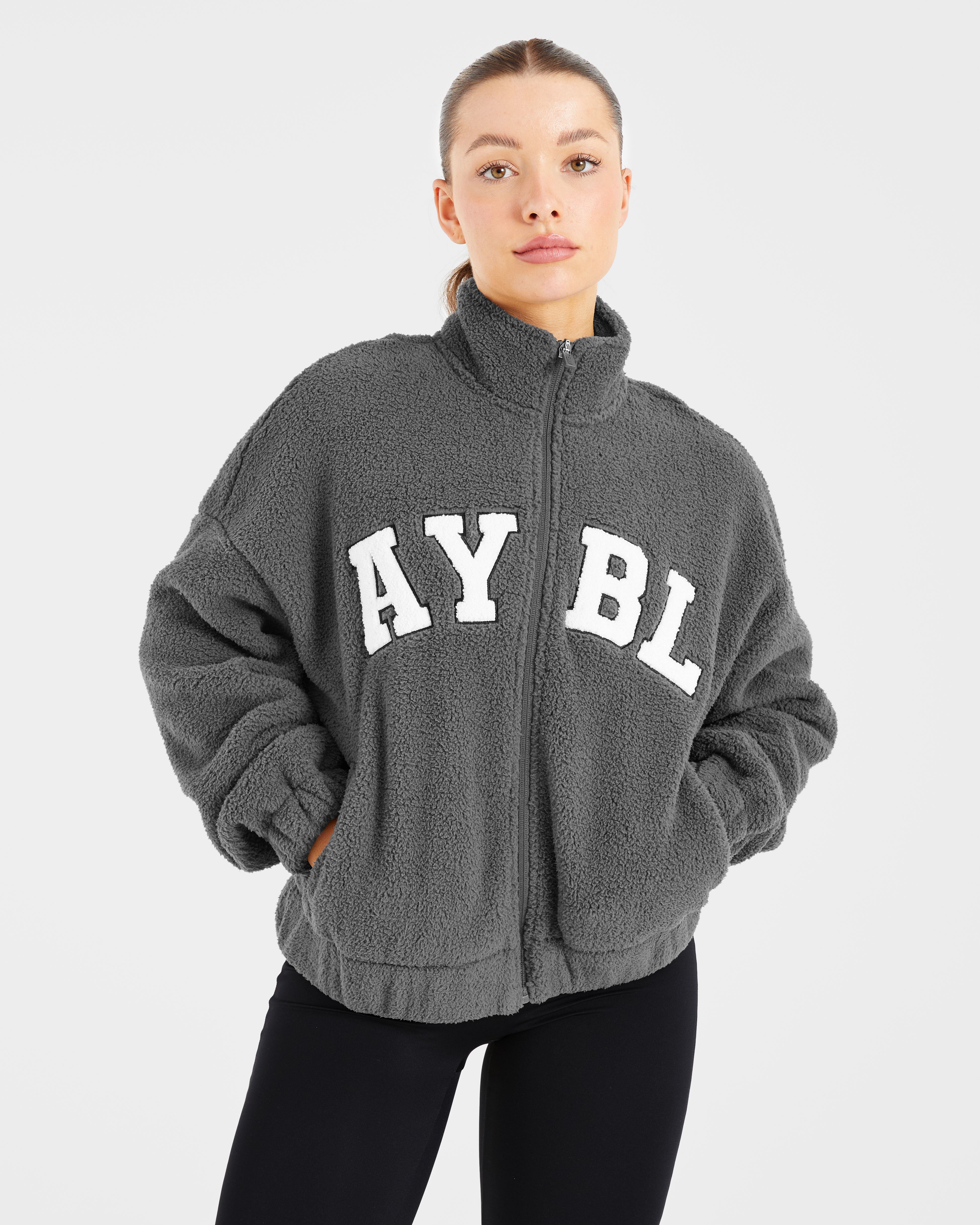 Giubbotto in Felpa Oversized con Cerniera Varsity - Grigio