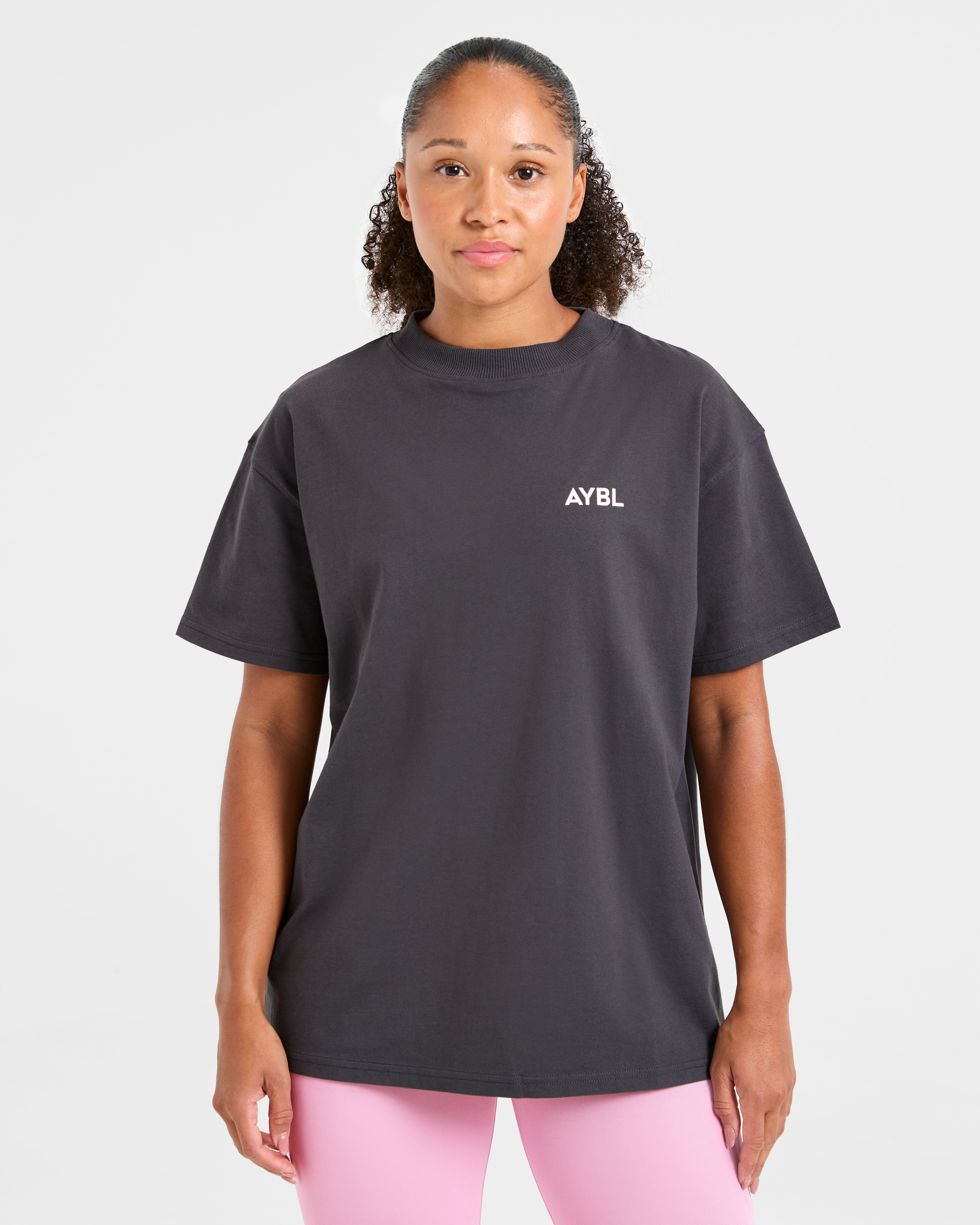 T-shirt Oversized con Stampa Graphic - Grigio Scuro/Rosa