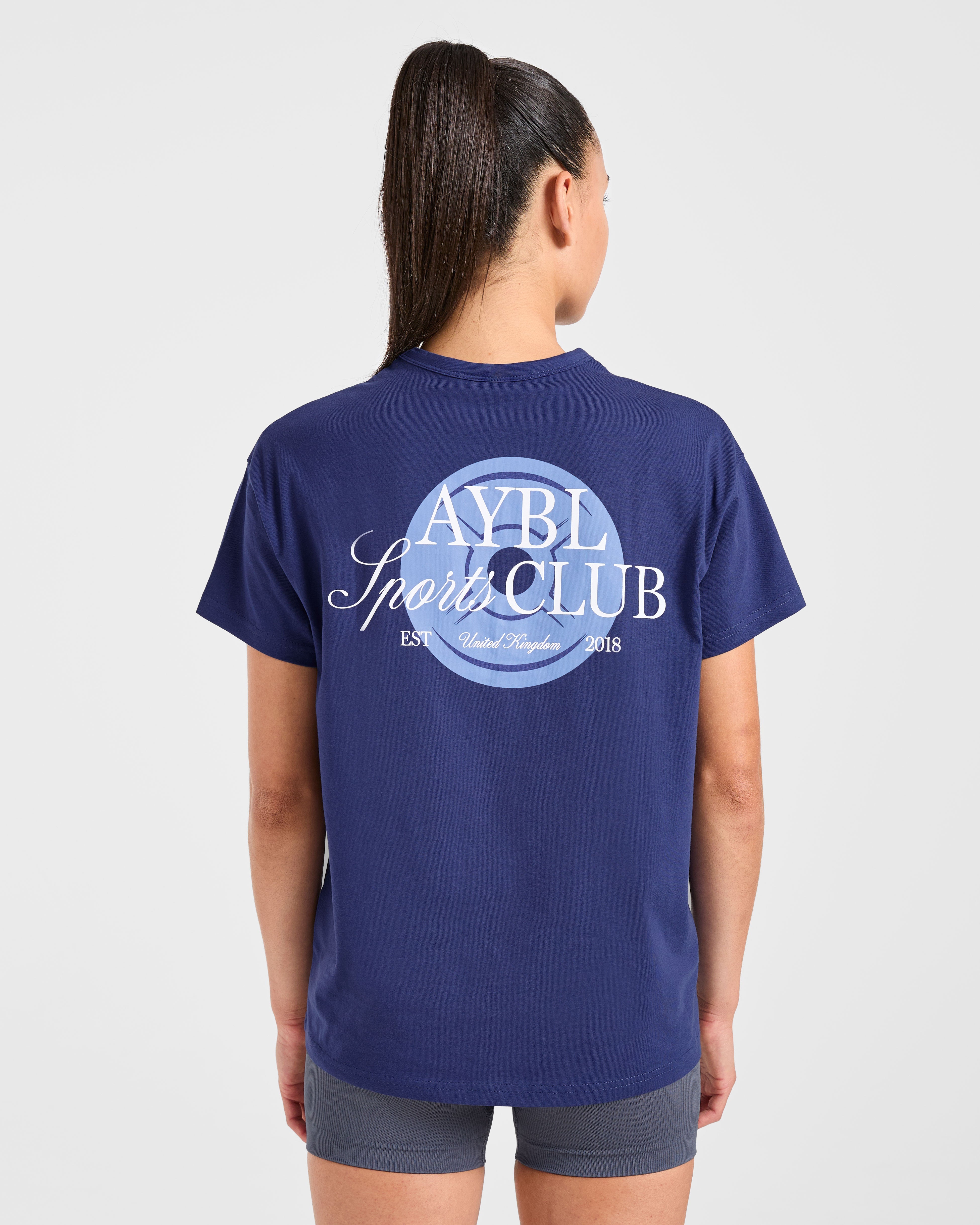 Maglietta Oversized con Stampa AYBL Sports Club - Blu Navy