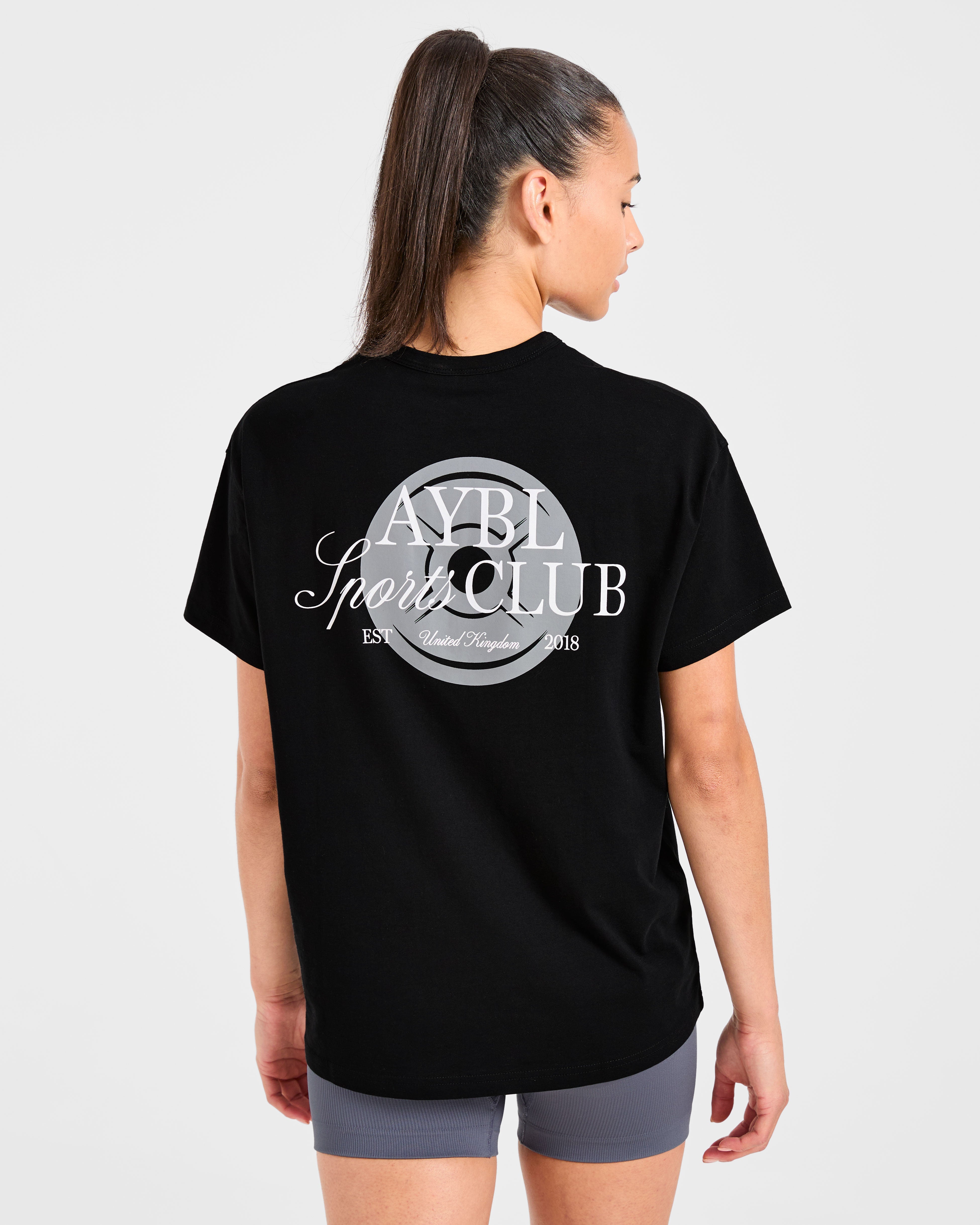 T-shirt oversize con scritta AYBL Sports Club - Nero